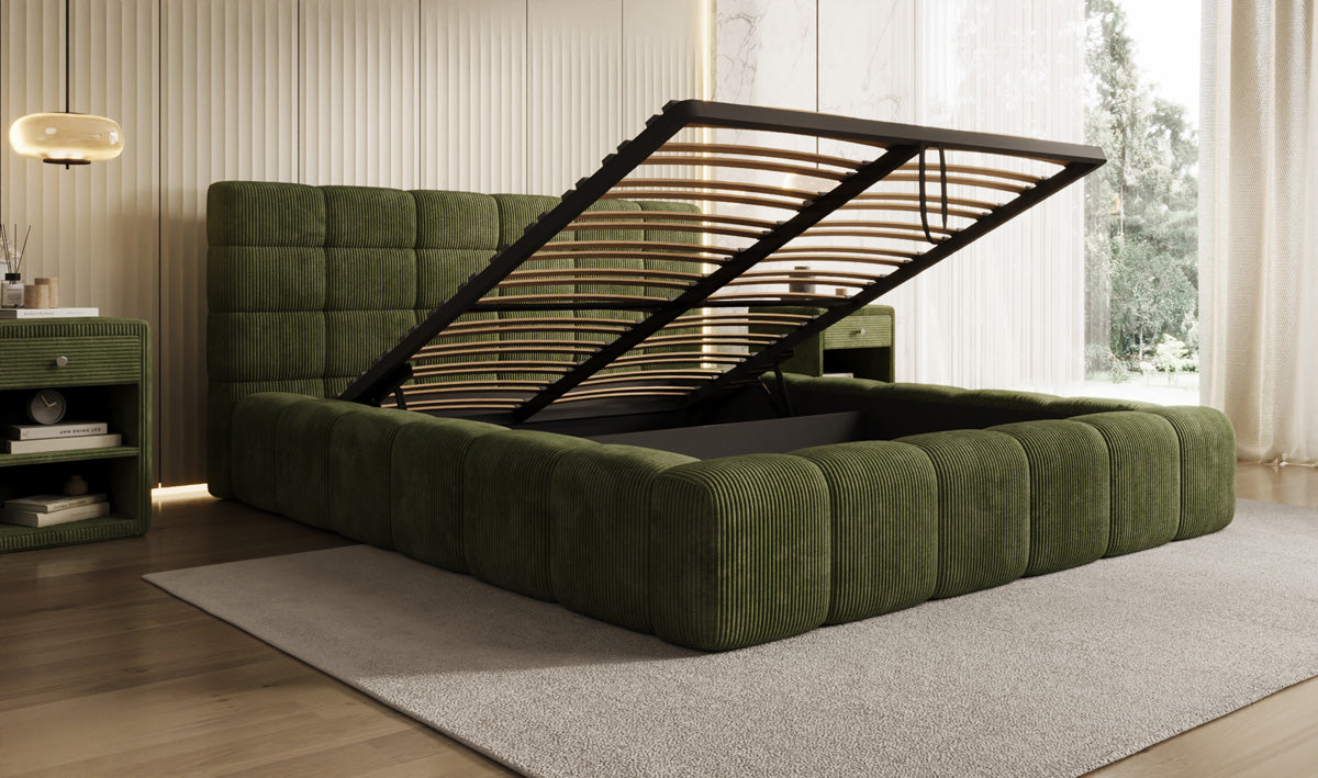 Designer-Polsterbett Marshmallow aus Cord mat Stauraum