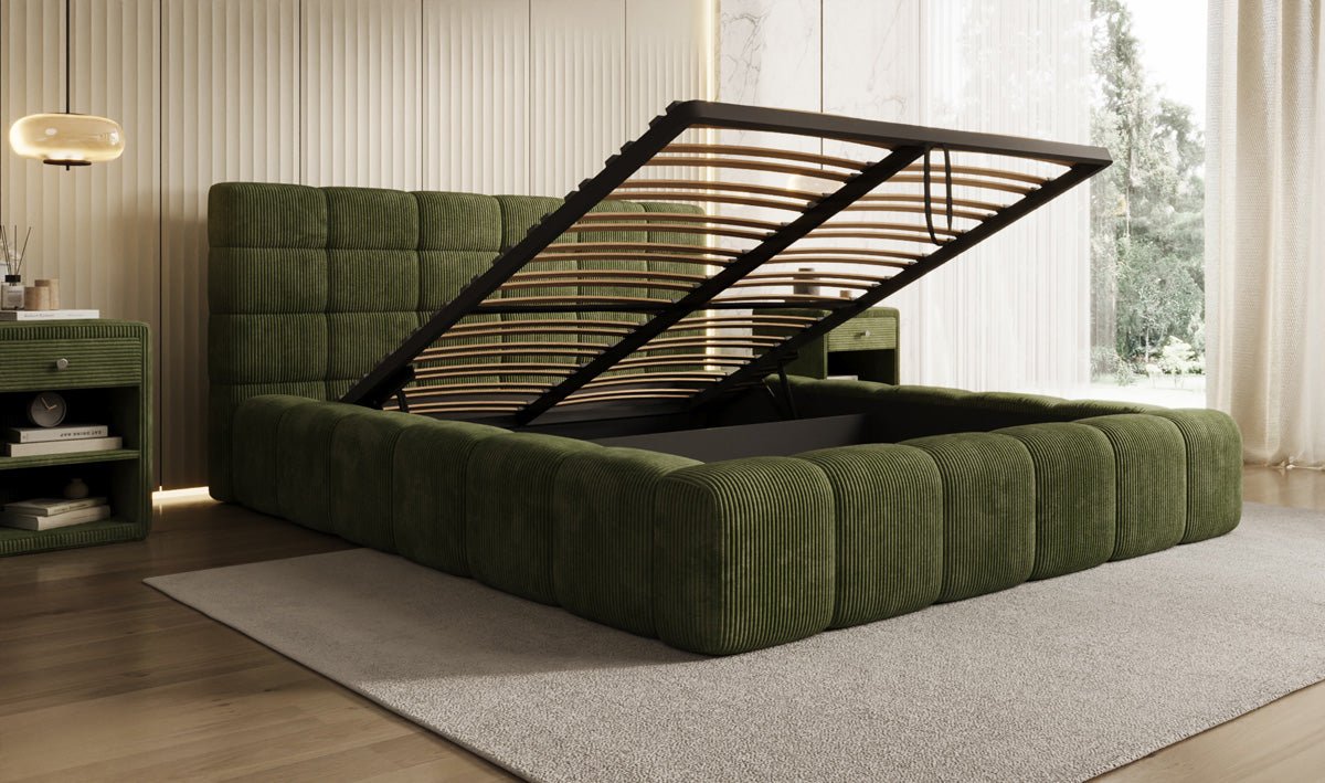 Designer-Polsterbett Marshmallow aus Cord mat Stauraum
