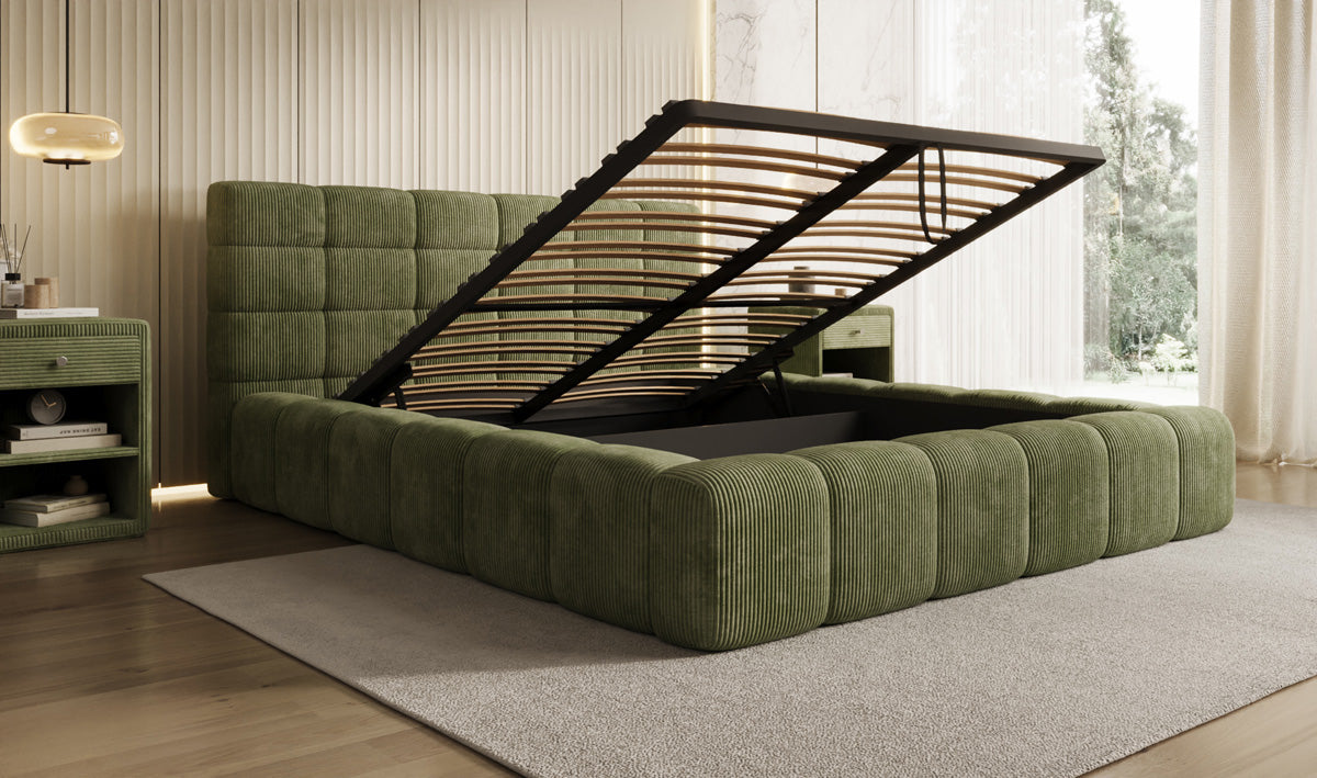 Designer-Polsterbett Marshmallow aus Cord mat Stauraum