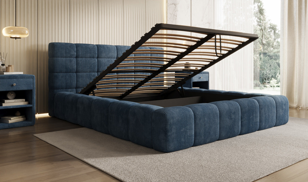 Designer-Polsterbett Marshmallow aus Cord mat Stauraum