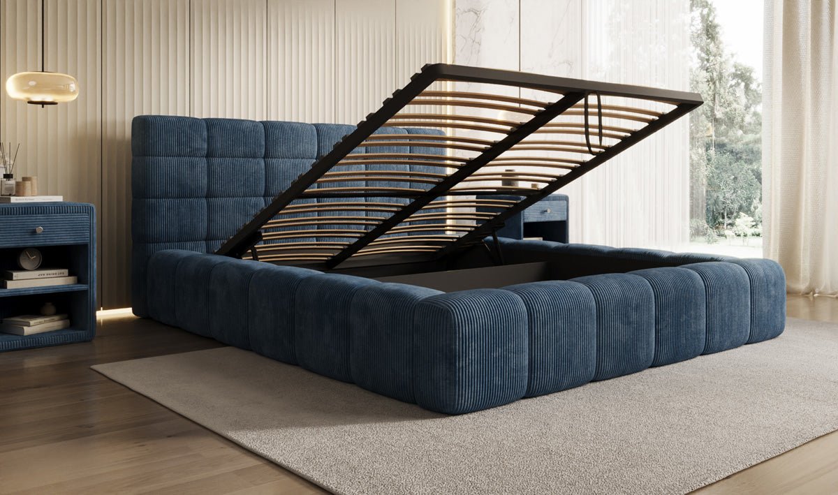 Designer-Polsterbett Marshmallow aus Cord mat Stauraum