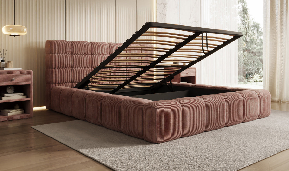 Designer-Polsterbett Marshmallow aus Cord mat Stauraum