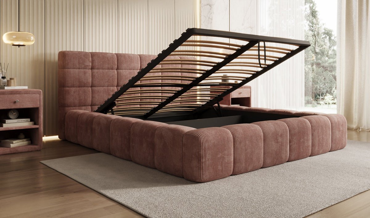 Designer-Polsterbett Marshmallow aus Cord mat Stauraum