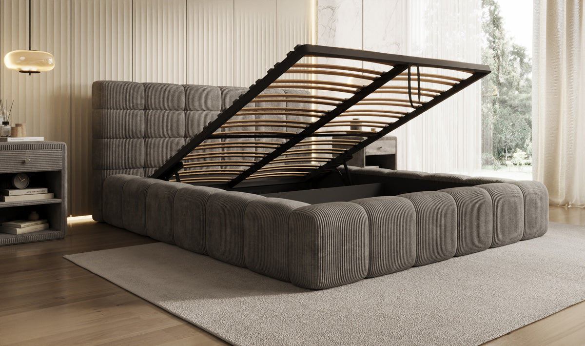 Designer-Polsterbett Marshmallow aus Cord mat Stauraum