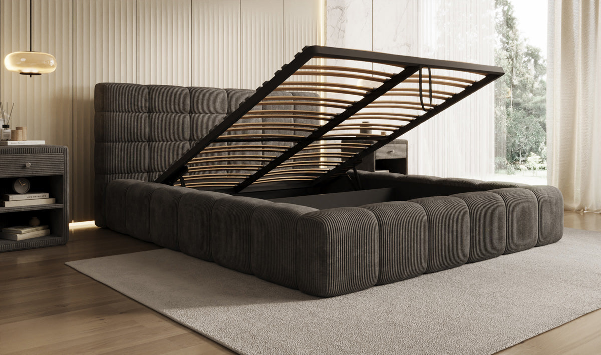 Designer-Polsterbett Marshmallow aus Cord mat Stauraum
