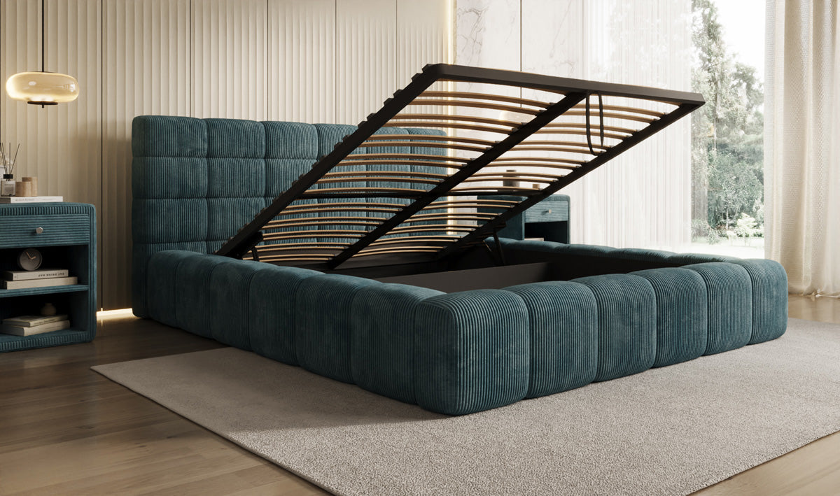 Designer-Polsterbett Marshmallow aus Cord mat Stauraum