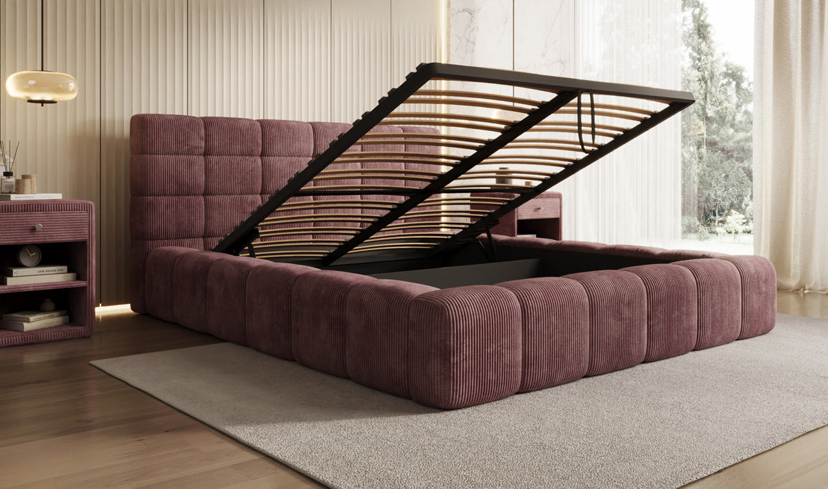 Designer-Polsterbett Marshmallow aus Cord mat Stauraum
