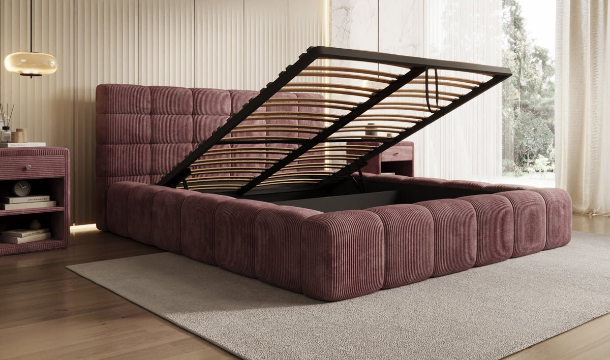 Designer-Polsterbett Marshmallow aus Cord mat Stauraum
