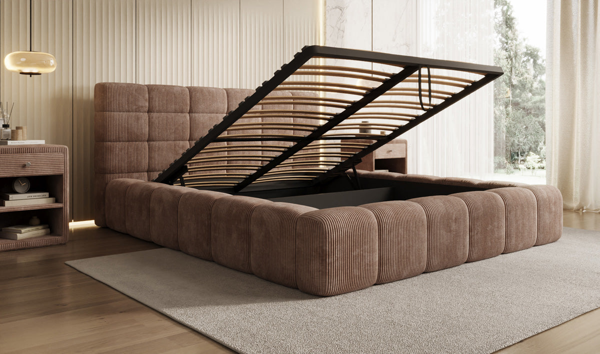 Designer-Polsterbett Marshmallow aus Cord mat Stauraum