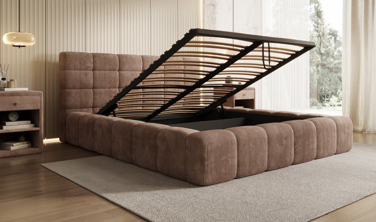 Designer-Polsterbett Marshmallow aus Cord mat Stauraum