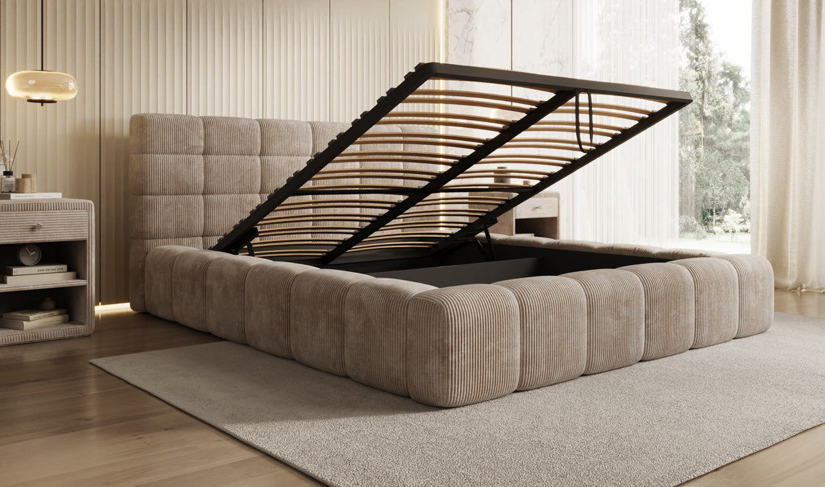 Designer-Polsterbett Marshmallow aus Cord mat Stauraum