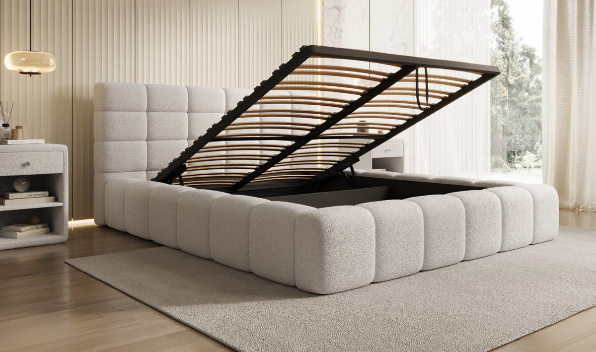 Designer-Polsterbett Marshmallow aus Teddy-Bouclé mat Stauraum