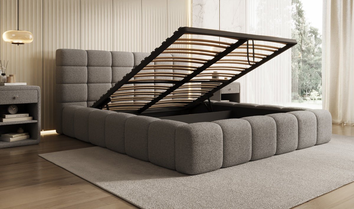 Designer-Polsterbett Marshmallow aus Teddy-Bouclé mat Stauraum