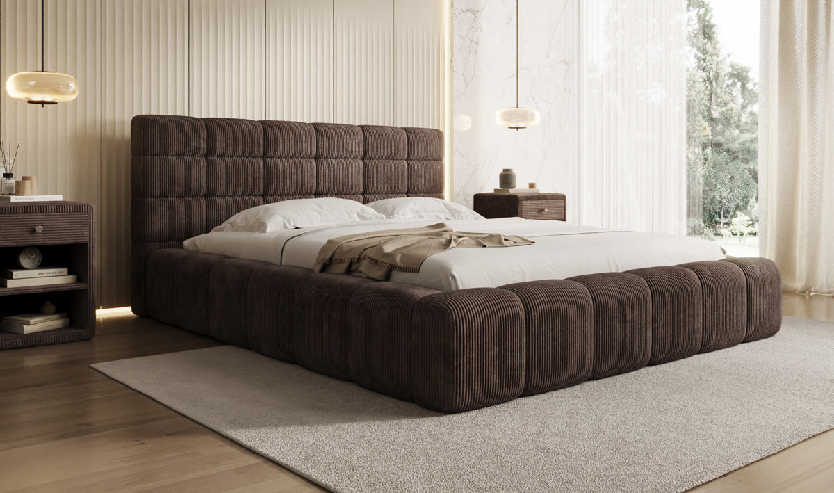 Designer-Polsterbett Marshmallow aus Cord mat Stauraum