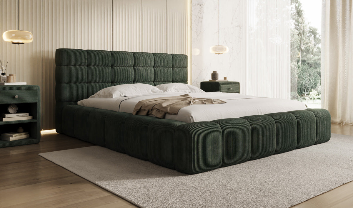 Designer-Polsterbett Marshmallow aus Cord mat Stauraum