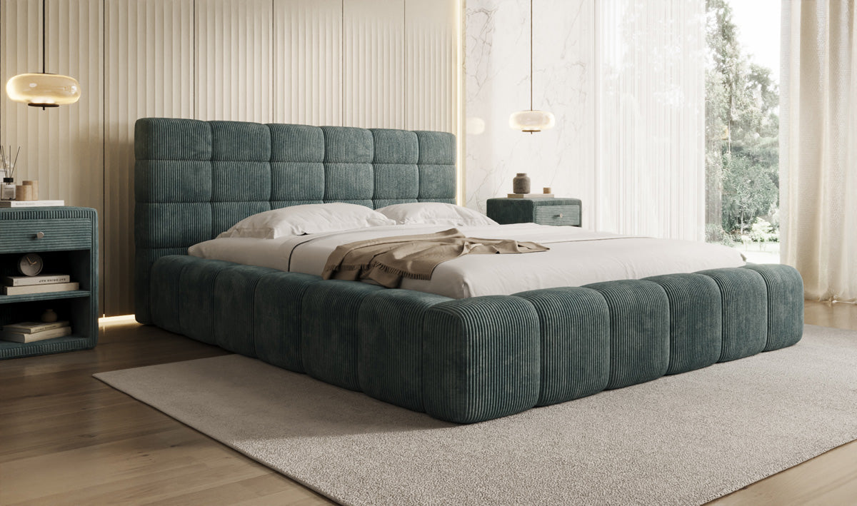 Designer-Polsterbett Marshmallow aus Cord mat Stauraum
