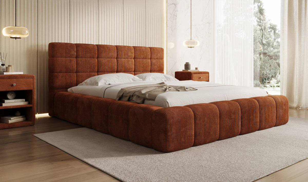 Designer-Polsterbett Marshmallow aus Cord mat Stauraum