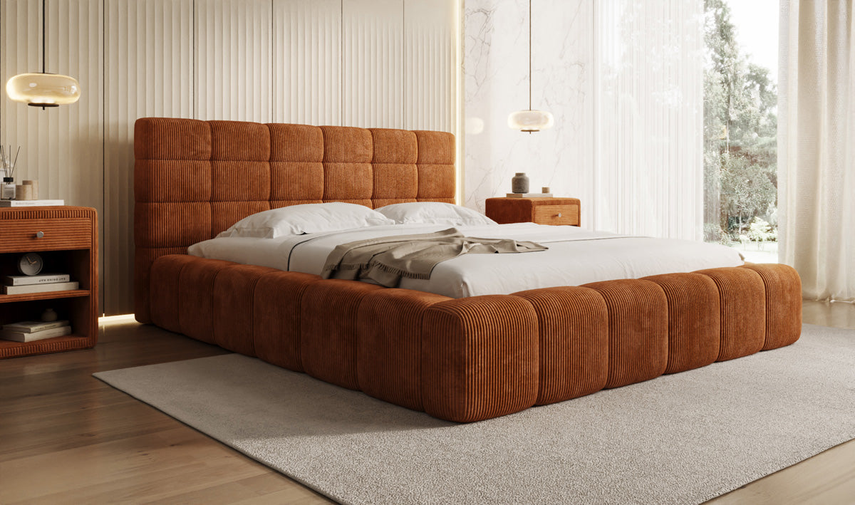 Designer-Polsterbett Marshmallow aus Cord mat Stauraum