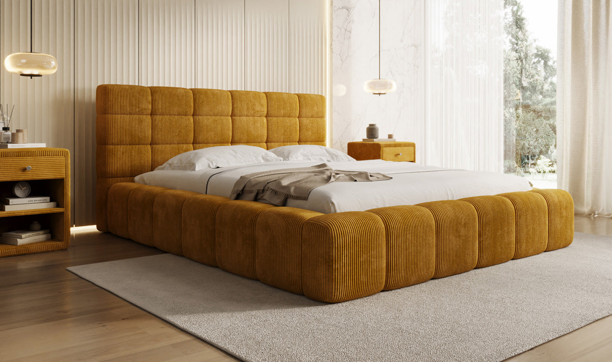 Designer-Polsterbett Marshmallow aus Cord mat Stauraum