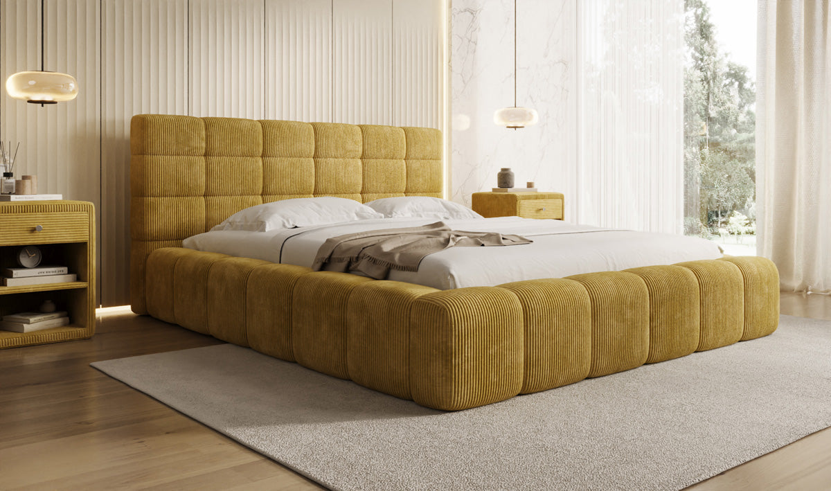Designer-Polsterbett Marshmallow aus Cord mat Stauraum