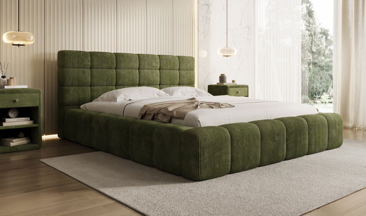Designer-Polsterbett Marshmallow aus Cord mat Stauraum