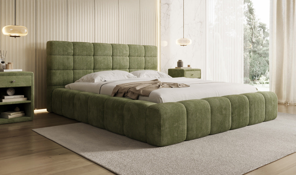 Designer-Polsterbett Marshmallow aus Cord mat Stauraum