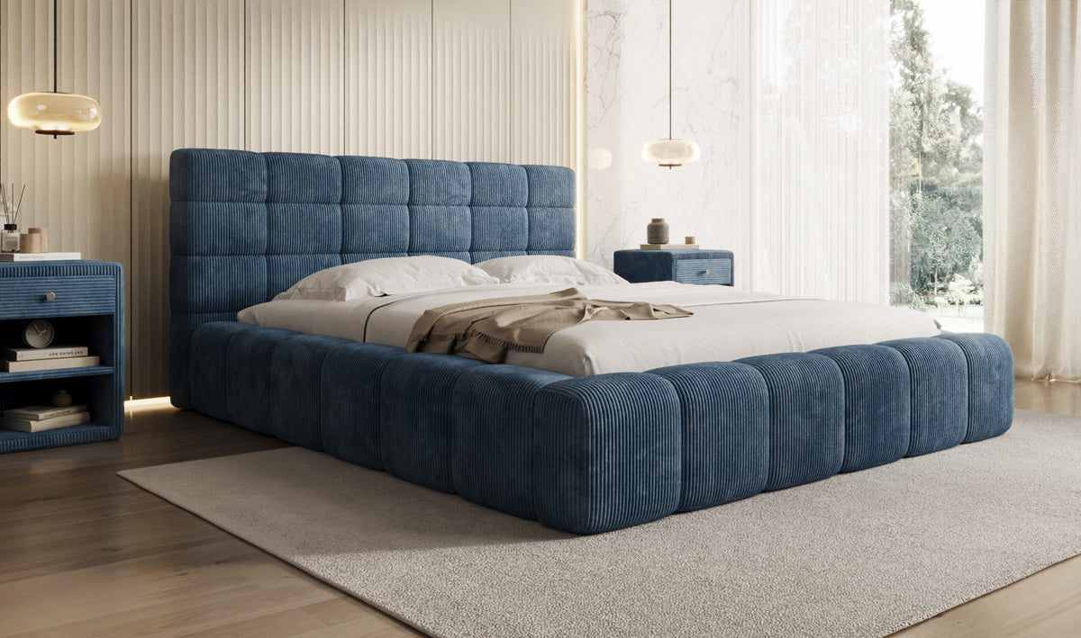 Designer-Polsterbett Marshmallow aus Cord mat Stauraum