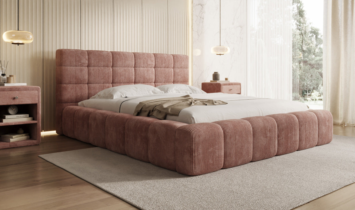 Designer-Polsterbett Marshmallow aus Cord mat Stauraum
