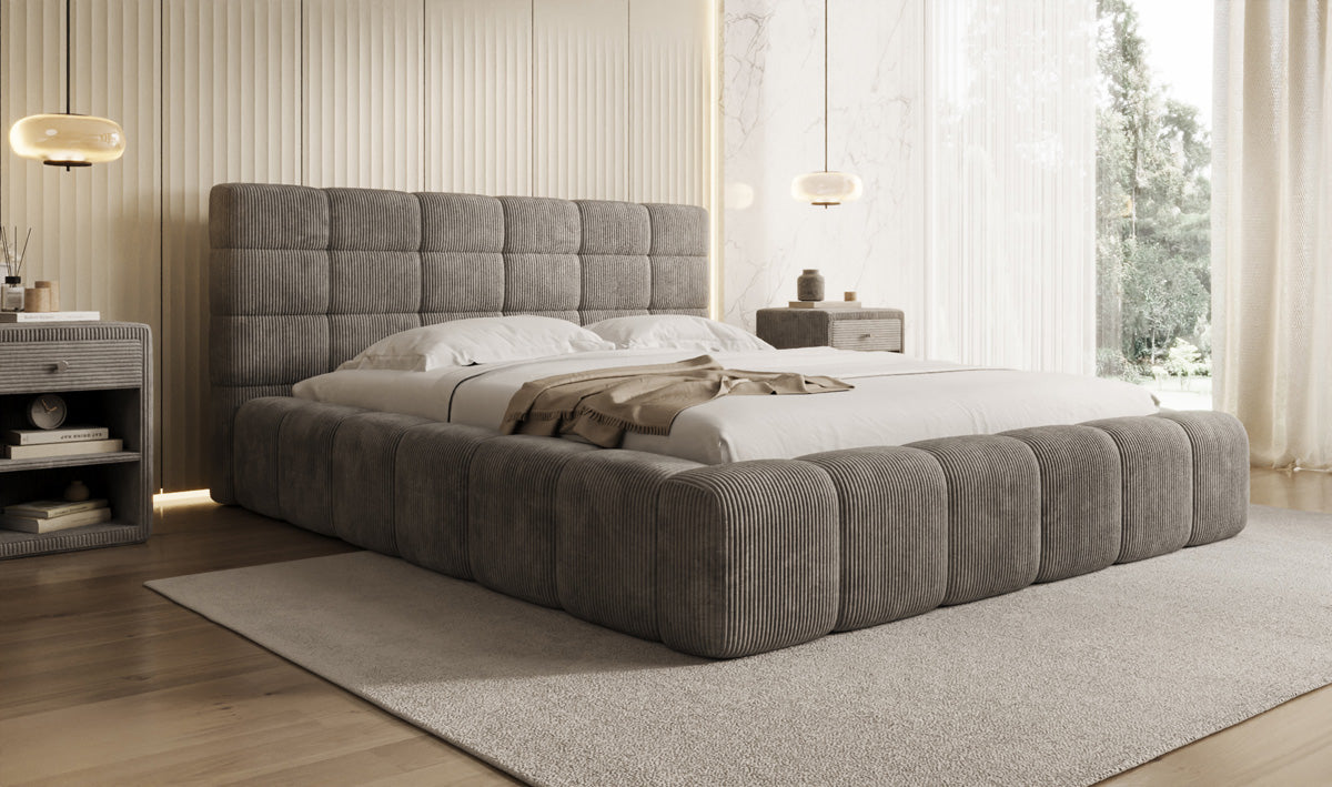 Designer-Polsterbett Marshmallow aus Cord mat Stauraum