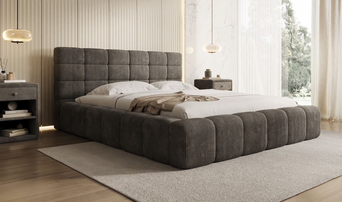 Designer-Polsterbett Marshmallow aus Cord mat Stauraum