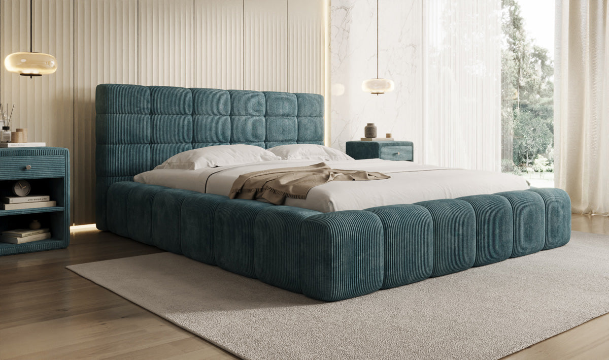 Designer-Polsterbett Marshmallow aus Cord mat Stauraum