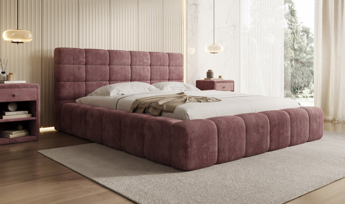 Designer-Polsterbett Marshmallow aus Cord mat Stauraum
