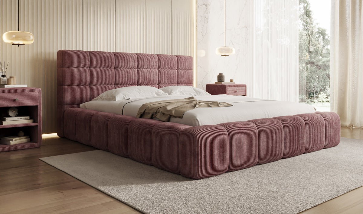 Designer-Polsterbett Marshmallow aus Cord mat Stauraum