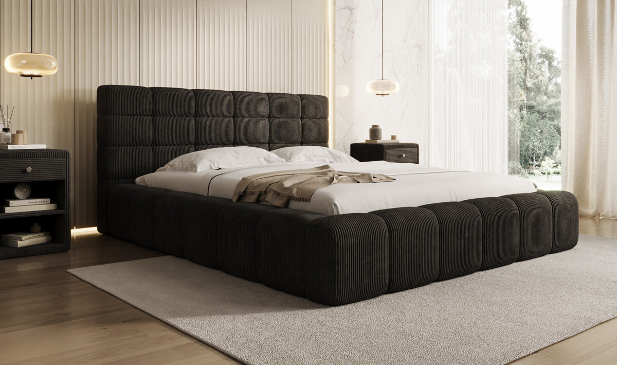 Designer-Polsterbett Marshmallow aus Cord mat Stauraum