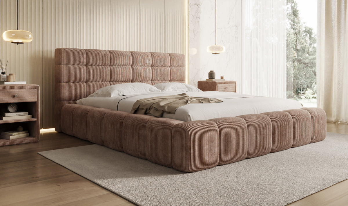 Designer-Polsterbett Marshmallow aus Cord mat Stauraum