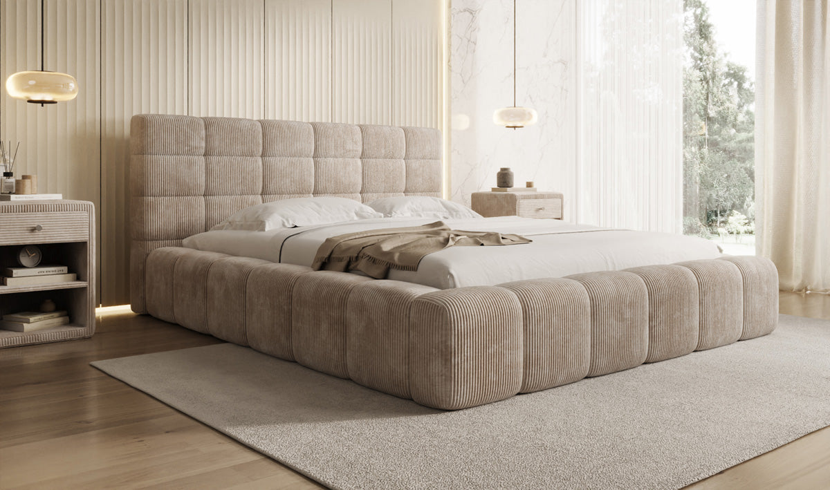 Designer-Polsterbett Marshmallow aus Cord mat Stauraum