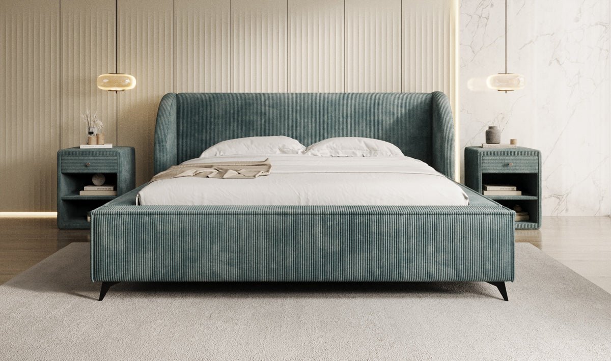 Designer-Polsterbett Freya Cord mat Späicherplaz