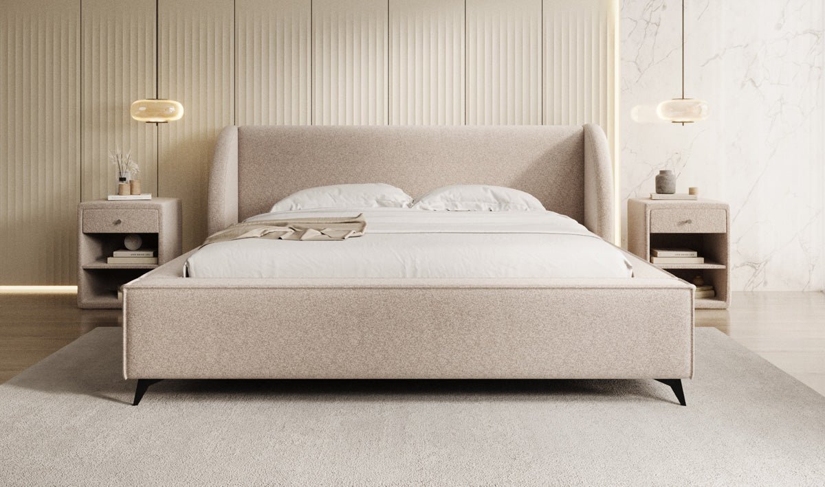 Designer-Polsterbett Freya aus Strukturstoff mat Stauraum