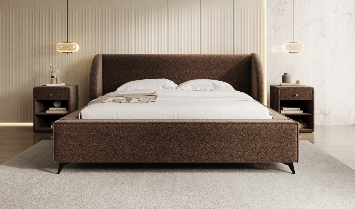 Designer-Polsterbett Freya aus Strukturstoff mat Stauraum