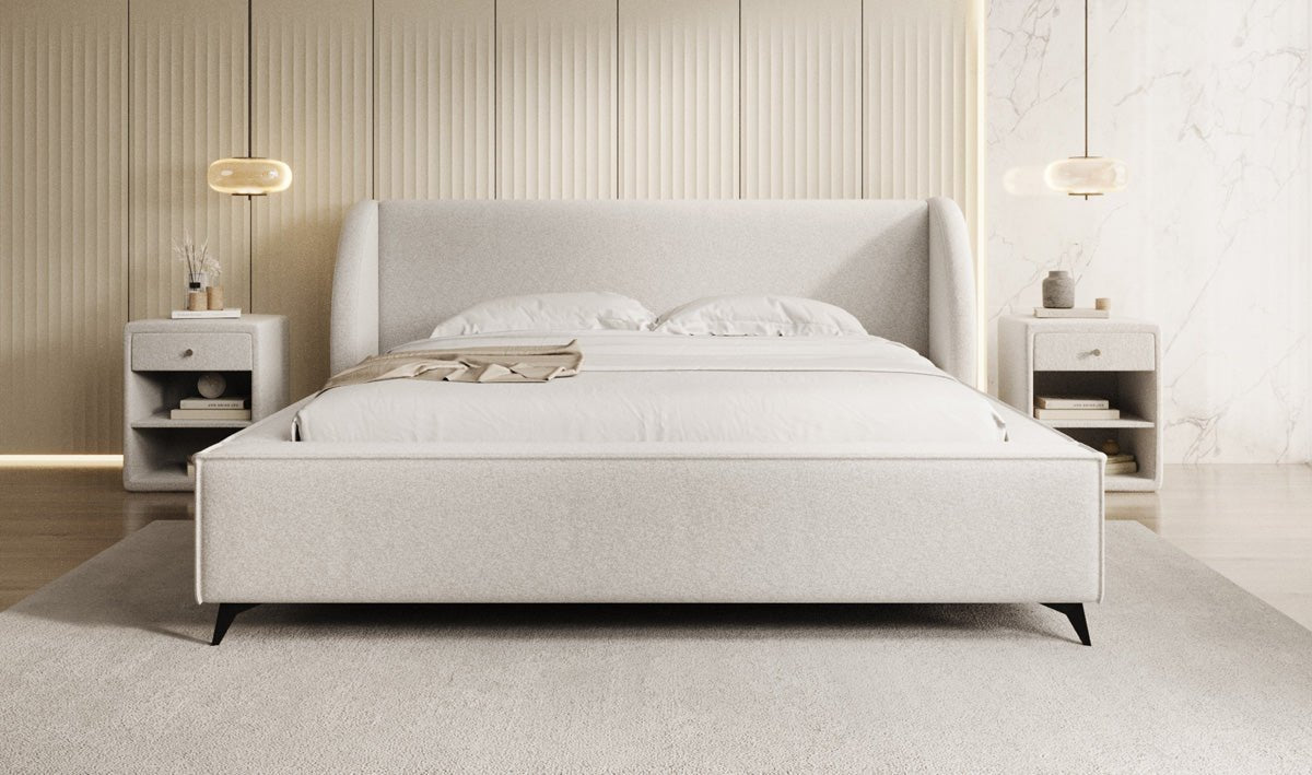 Designer-Polsterbett Freya aus Strukturstoff mat Stauraum