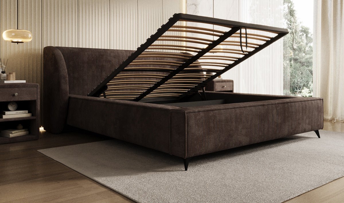 Designer-Polsterbett Freya Cord mat Späicherplaz