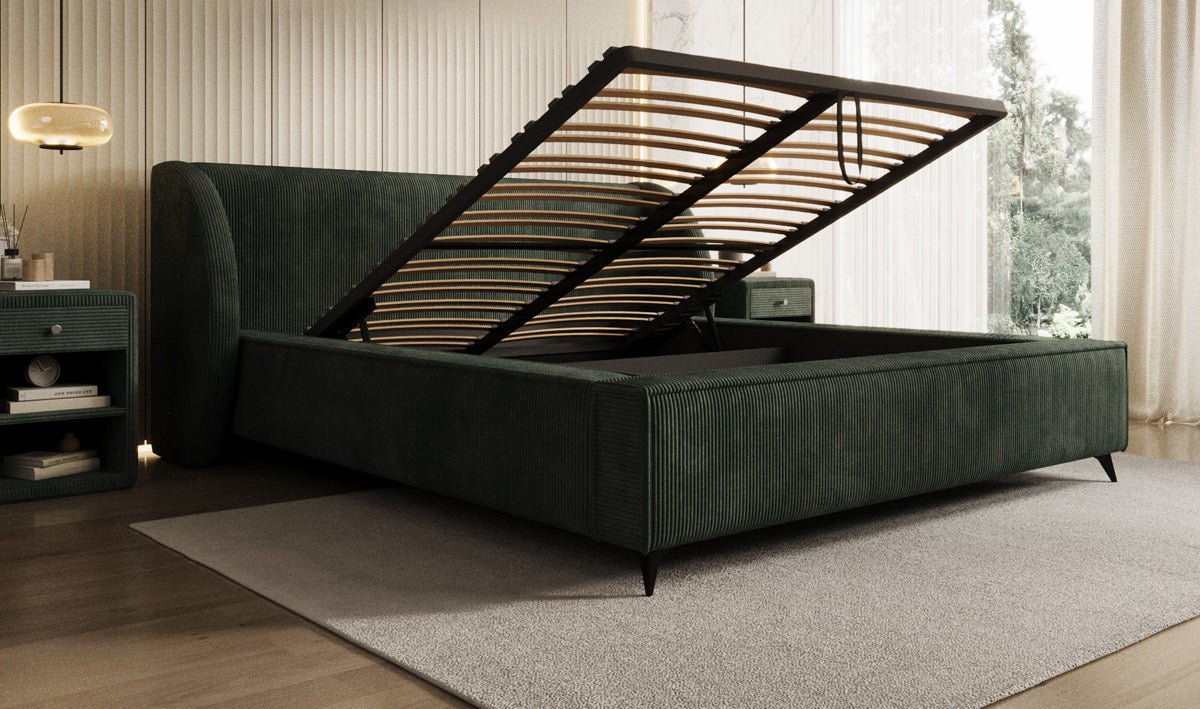 Designer-Polsterbett Freya Cord mat Späicherplaz
