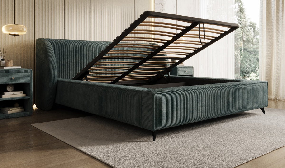 Designer-Polsterbett Freya Cord mat Späicherplaz