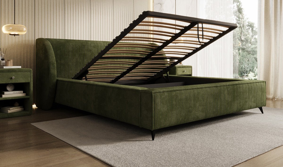 Designer-Polsterbett Freya Cord mat Späicherplaz