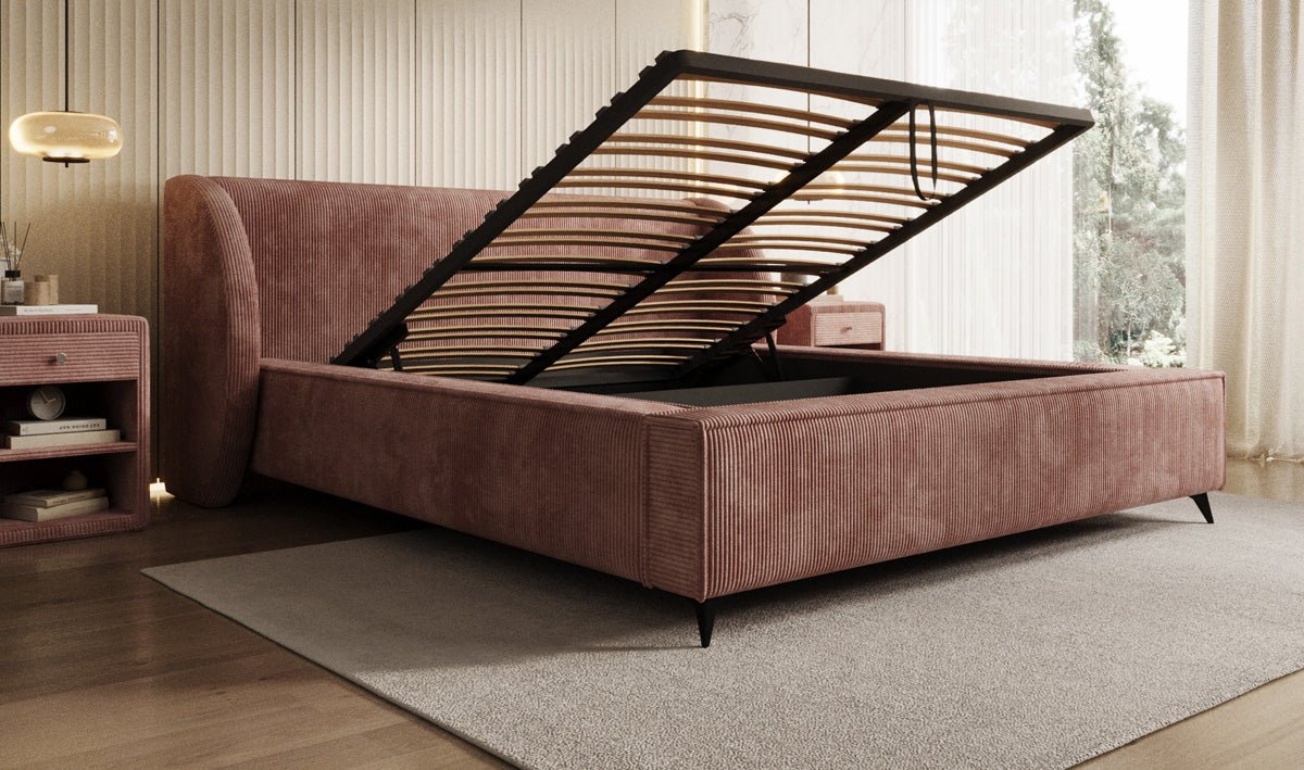 Designer-Polsterbett Freya Cord mat Späicherplaz