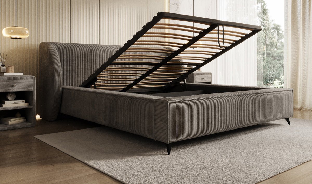 Designer-Polsterbett Freya Cord mat Späicherplaz