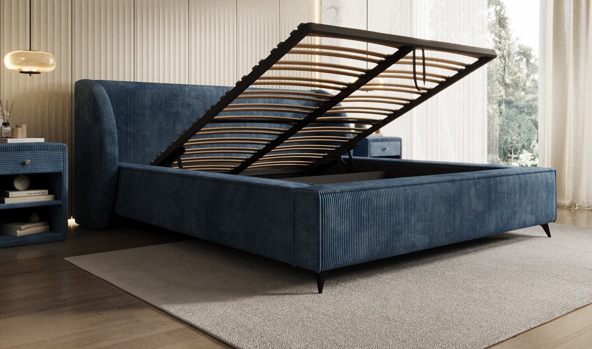 Designer-Polsterbett Freya Cord mat Späicherplaz