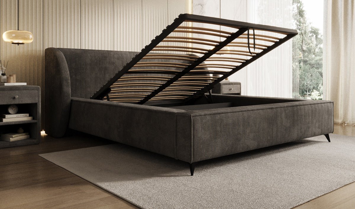 Designer-Polsterbett Freya Cord mat Späicherplaz
