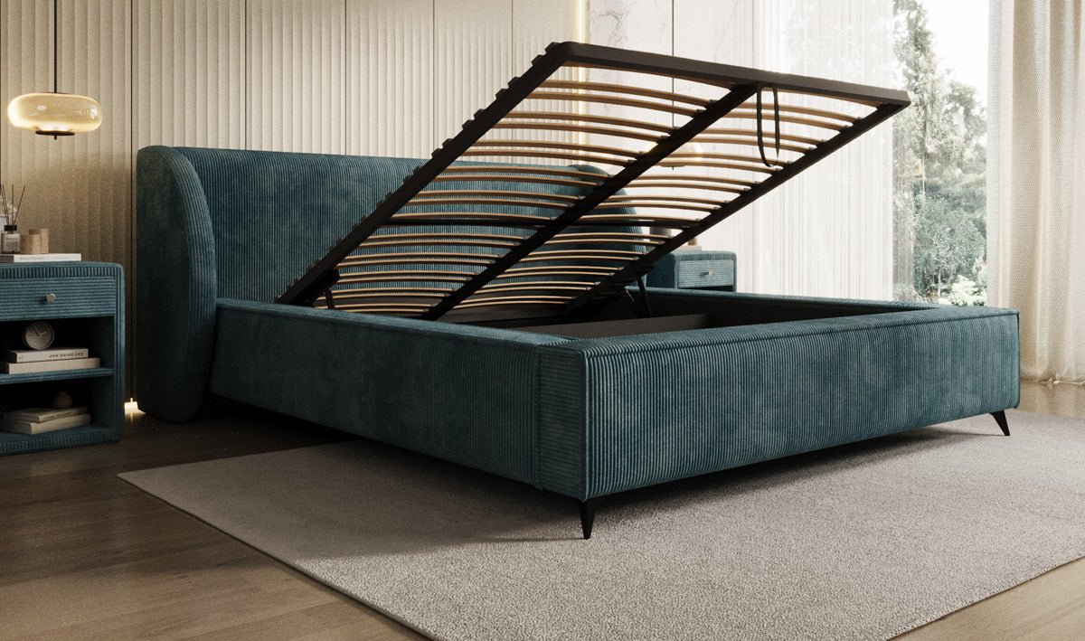 Designer-Polsterbett Freya Cord mat Späicherplaz