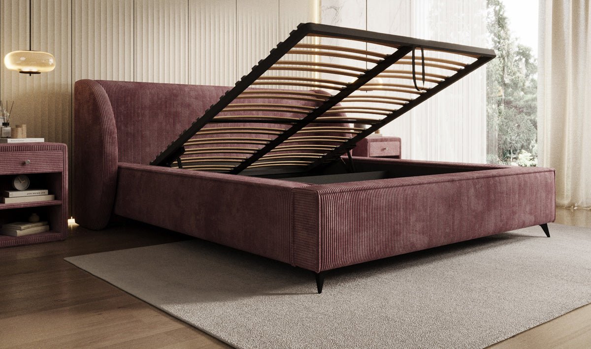 Designer-Polsterbett Freya Cord mat Späicherplaz